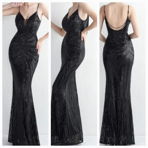 Black, Geometric Print, Sleeveless, Beaded Draped Back, Sequined Merm… - Picture 2 of 13